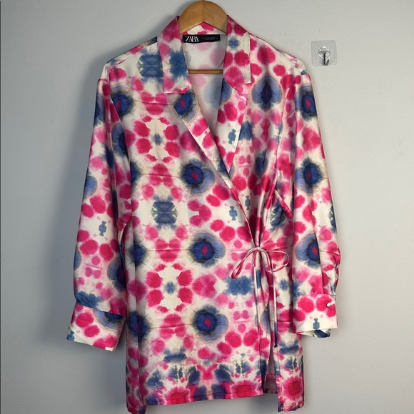 NWOT ZARA Printed Blazer Size XL Wrap Tie Tunic Top Lightweight Long Sleeve - Picture 3 of 16